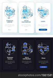 Increased fluid intake light, dark onboarding mobile app page screen. Walkthrough 3 steps graphic instructions with concepts. UI, UX, GUI vector template with linear night and day mode illustrations. Increased fluid intake light, dark onboarding mobile app page screen