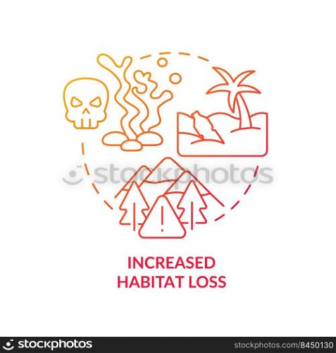 Increased habitat loss red gradient concept icon. Ecosystems vanishing. Overpopulation effect on nature abstract idea thin line illustration. Isolated outline drawing. Myriad Pro-Bold fonts used. Increased habitat loss red gradient concept icon