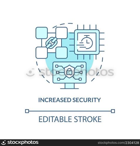 Increased security turquoise concept icon. Cryptocurrency biggest advantage abstract idea thin line illustration. Isolated outline drawing. Editable stroke. Arial, Myriad Pro-Bold fonts used. Increased security turquoise concept icon