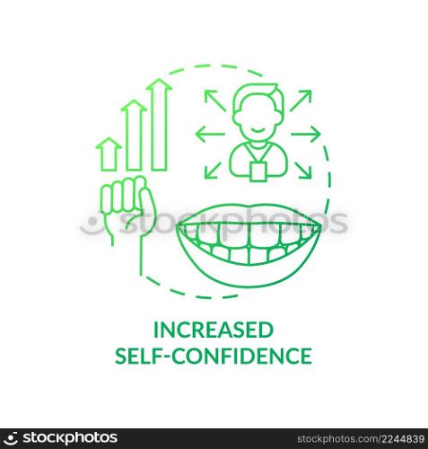 Increased self confidence green gradient concept icon. Aesthetic dentistry abstract idea thin line illustration. Improving smile and teeth strength. Isolated outline drawing. Myriad Pro-Bold font used. Increased self confidence green gradient concept icon