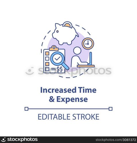 Increased time, expense concept icon. Market value idea thin line illustration. Time management. Advertising cost. Content marketing time. Vector isolated outline RGB color drawing. Editable stroke. Increased time, expense concept icon
