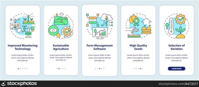 Increasing agribusiness productivity onboarding mobile app screen. Walkthrough 5 steps editable graphic instructions with linear concepts. UI, UX, GUI template. Myriad Pro-Bold, Regular fonts used. Increasing agribusiness productivity onboarding mobile app screen