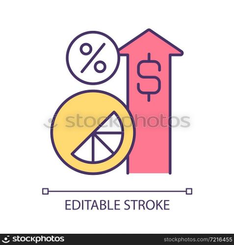 Increasing brand equity RGB color icon. Growing statistics of business repuration. Successful development of brand awareness. Isolated vector illustration. Simple filled line drawing. Editable stroke. Increasing brand equity RGB color icon