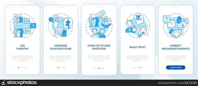 Increasing emotional intelligence blue onboarding mobile app screen. Walkthrough 5 steps graphic instructions pages with linear concepts. UI, UX, GUI template. Myriad Pro-Bold, Regular fonts used. Increasing emotional intelligence blue onboarding mobile app screen
