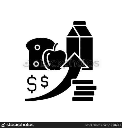 Increasing food prices black glyph icon. Price inflation. Economical issue. Grocery shopping. Food insecurity and hunger reason. Silhouette symbol on white space. Vector isolated illustration. Increasing food prices black glyph icon