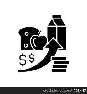 Increasing food prices black glyph icon. Price inflation. Economical issue. Grocery shopping. Food insecurity and hunger reason. Silhouette symbol on white space. Vector isolated illustration. Increasing food prices black glyph icon
