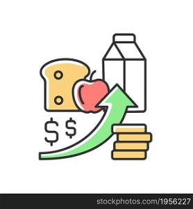 Increasing food prices RGB color icon. Price inflation. Economical issue. Grocery shopping. Food insecurity and hunger reason. Isolated vector illustration. Simple filled line drawing. Increasing food prices RGB color icon