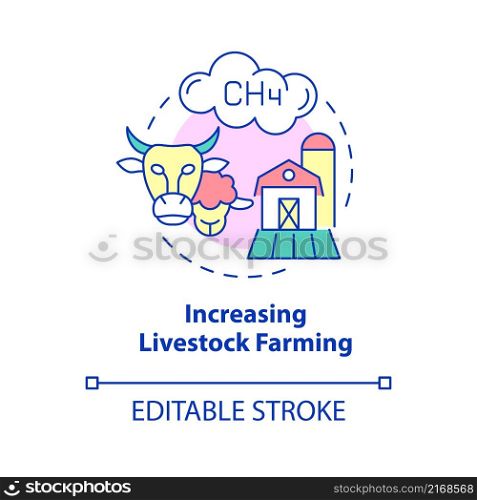 Increasing livestock farming concept icon. Reasons for climate change abstract idea thin line illustration. Isolated outline drawing. Editable stroke. Roboto-Medium, Myriad Pro-Bold fonts used. Increasing livestock farming concept icon