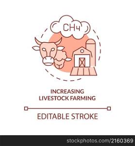 Increasing livestock farming red concept icon. Reasons for climate change abstract idea thin line illustration. Isolated outline drawing. Editable stroke. Roboto-Medium, Myriad Pro-Bold fonts used. Increasing livestock farming red concept icon