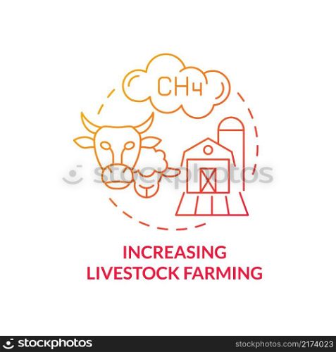 Increasing livestock farming red gradient concept icon. Climate change abstract idea thin line illustration. Isolated outline drawing. Editable stroke. Roboto-Medium, Myriad Pro-Bold fonts used. Increasing livestock farming red gradient concept icon