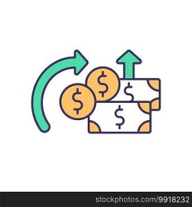 Increasing revenue in business RGB color icon. Reducing expenses. Small business. Money earning. Established revenue sources. Using existing assets and resources. Isolated vector illustration. Increasing revenue in business RGB color icon
