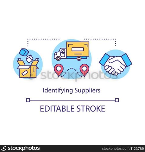 Indentifying suppliers concept icon. Local production system idea thin line illustration. Delivery of products. Logistics and distribution. Vector isolated outline drawing. Editable stroke