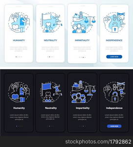 Independence and neutrality onboarding mobile app page screen. Humanitarian aid walkthrough 4 steps graphic instructions with concepts. UI, UX, GUI template with linear night, day mode illustrations. Independence and neutrality onboarding mobile app page screen.