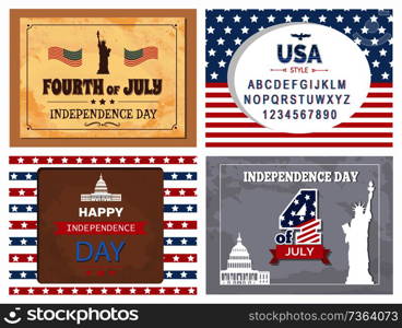 Independence Day 4 of July poster, American Statue of Liberty and Washington capitol. Greeting cards with symbols of USA, font typography sample vector. Independence Day 4 July Posters Statue of Liberty