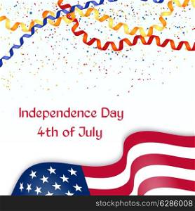 Independence Day card with American flag, &#xA;confetti and streamer