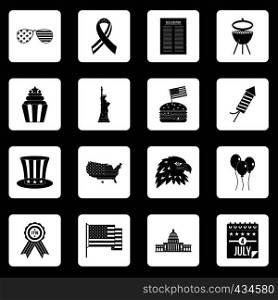 Independence day flag icons set in white squares on black background simple style vector illustration. Independence day flag icons set squares vector