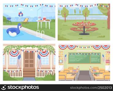 Independence day in America flat color vector illustration set. July fourth holiday. Patriotism 2D simple cartoon exterior, interior and landscape with festive decor on background collection. Independence day in America flat color vector illustration set