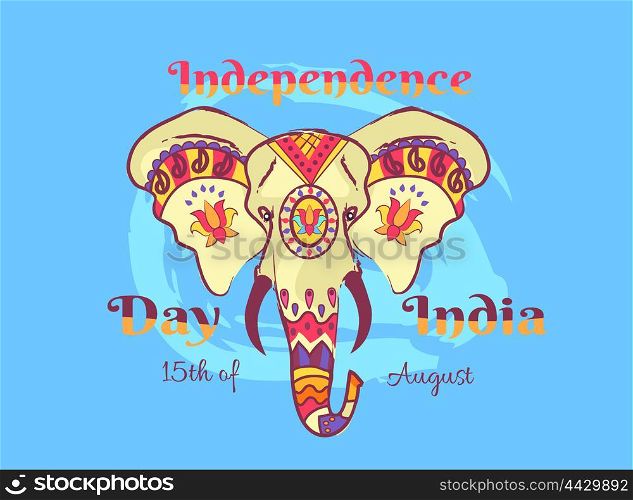 Independence Day of India Poster with Elephant. Independence Day of India poster dedicated to national holiday on August 15th. Vector illustration of head of elephant painted in various patterns