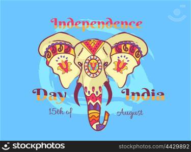 Independence Day of India Poster with Elephant. Independence Day of India poster dedicated to national holiday on August 15th. Vector illustration of head of elephant painted in various patterns