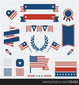 Independence Day ribbons, badges and decorative elements.