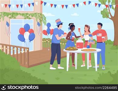 Independence day yard party flat color vector illustration. Patriotic holiday. Young people celebrating national holiday 2D simple cartoon characters with decorated backyard on background. Independence day yard party flat color vector illustration
