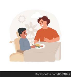 Independent eating skills isolated cartoon vector illustration. Daycare center for kids with disabilities, teach self-feeding, disabled child learn independent eating, education vector cartoon.. Independent eating skills isolated cartoon vector illustration.