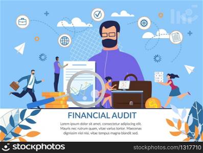 Independent Financial Audit Advertising Poster. Management and Administration. Cartoon People Character Calculating Statistic, Finance Risk, Business Economy, Collecting Statistic. Vector Illustration. Independent Financial Audit Advertising Poster