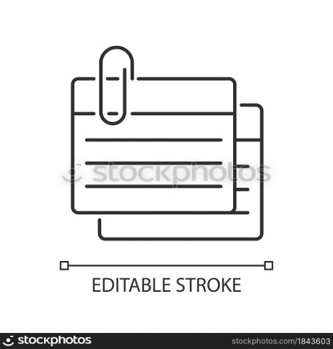 Index card linear icon. Small piece for recording information. Flashcards for studying. Thin line customizable illustration. Contour symbol. Vector isolated outline drawing. Editable stroke. Index card linear icon