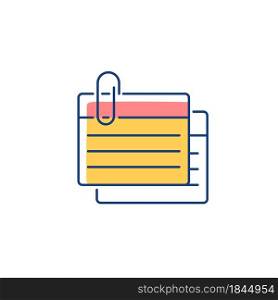 Index card RGB color icon. Small piece for recording information. Flashcards for studying. Organize notes. Summary card for quick info lookup. Isolated vector illustration. Simple filled line drawing. Index card RGB color icon