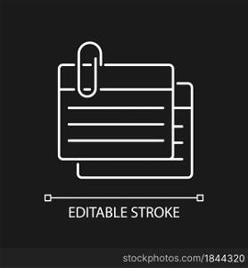 Index card white linear icon for dark theme. Small piece for recording information. Flashcards. Thin line customizable illustration. Isolated vector contour symbol for night mode. Editable stroke. Index card white linear icon for dark theme