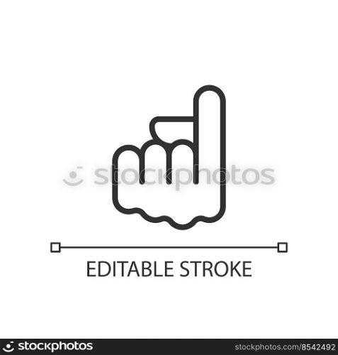 Index finger pointing up pixel perfect linear icon. Upward direction. Hand gesture. Thin line illustration. Contour symbol. Vector outline drawing. Editable stroke. Arial font used. Index finger pointing up pixel perfect linear icon