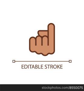 Index finger pointing up pixel perfect RGB color icon. Showing upward direction. Hand gesture. Isolated vector illustration. Simple filled line drawing. Editable stroke. Arial font used. Index finger pointing up pixel perfect RGB color icon