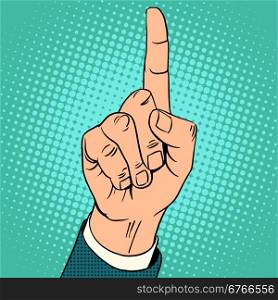 Index finger up. The gesture of attention in business or monotheism in Islam pop art retro style. Index finger up gesture