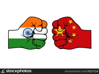India and China confrontation flags fists, vector icons of conflict opposition face-off relationship. Indian Chinese international economics, national politics and military confrontation punch fists. India China confrontation flags fists, conflict