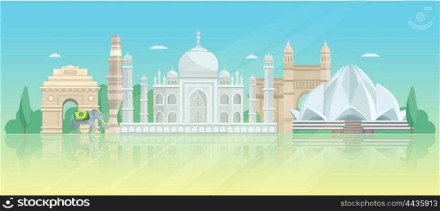 India Architectural Skyline Poster. India architectural skyline poster with taj mahal lotus temple tower of victory and gate vector illustration