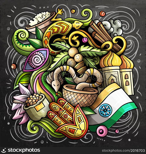 India cartoon vector doodle chalkboard illustration. Colorful detailed composition with lot of Indian objects and symbols.. India cartoon vector doodle chalkboard illustration