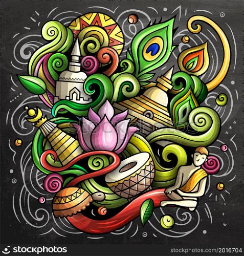 India cartoon vector doodle chalkboard illustration. Colorful detailed composition with lot of Indian objects and symbols.. India cartoon vector doodle chalkboard illustration