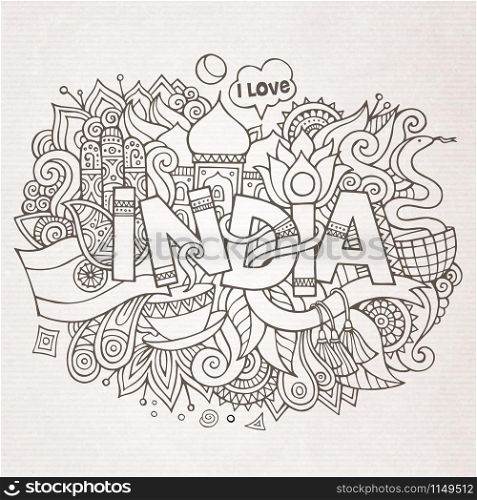 India country hand lettering and doodles elements and symbols background. Vector hand drawn sketchy illustration. India country hand lettering and doodles elements