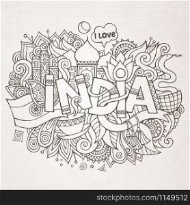 India country hand lettering and doodles elements and symbols background. Vector hand drawn sketchy illustration. India country hand lettering and doodles elements