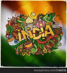 India country hand lettering and doodles elements and symbols emblem. Vector blurred flag background. India country hand lettering and doodles elements