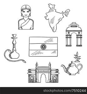India culture and travel concept with sketched icons of gate way, arch, woman in a sari, national flag, pot of tea and a hookah pipe. India culture and travel concept