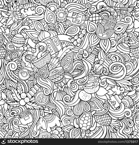 India culture hand drawn doodles seamless pattern. Indian background. Cartoon fabric print design. Line art vector illustration. All objects are separate.. India culture hand drawn doodles seamless pattern. Indian background
