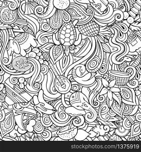 India culture hand drawn doodles seamless pattern. Indian background. Cartoon fabric print design. Line art vector illustration. All objects are separate.. India culture hand drawn doodles seamless pattern. Indian background