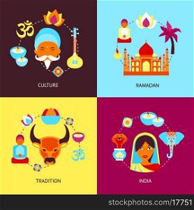 India culture ramadan tradition flat set isolated vector illustration