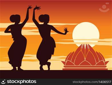 India dancer perform near famous landmark on sunset time,silhouette design,vector illustration