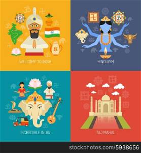 India design concept set with hinduism religion flat icons isolated vector illustration. India Concept Set