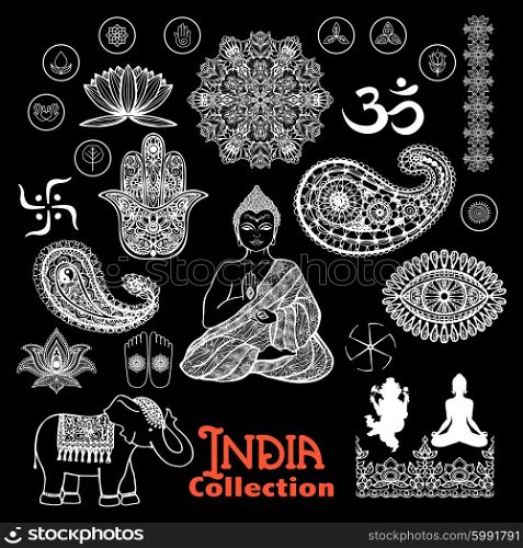 India Design Elements Chalkboard Set. India design elements chalkboard set with woman in lotus position elephant paisley and ornament vector illustration