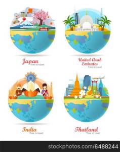 India, Emirates, Thailand, Japan Travel Posters. India, Emirates, Thailand, Japan travel posters design with attractions on the background of the globe. Time to travel. Travel composition with famous landmarks. Set of travel poster design in flat.