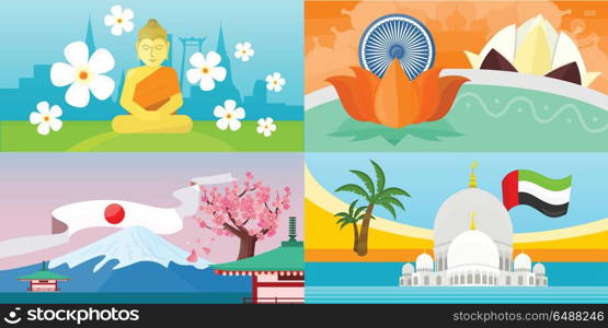 India, Emirates, Thailand, Japan Travel Posters. Set of India, United Arab Emirates, Thailand, Japan travel posters. Time to travel concept. Natural landscape. Travel composition with famous landmarks. Set of travel poster design. Horizontal banners