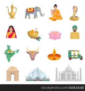 India flat icons set with symbols of culture and religion isolated vector illustration . India Flat Icons Set
